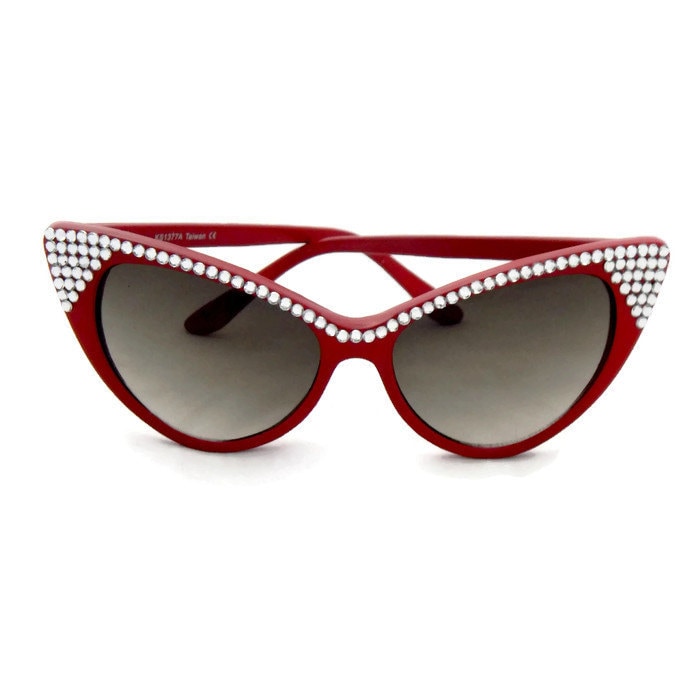 Red Cat Eye Sunglasses With Rhinestones Embellished