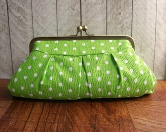 Spring green clutch purse, polka dot clutch, framed clutch bag, spring fashion