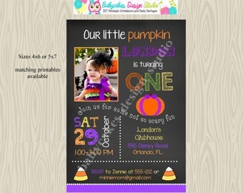 1st birthday pumpkin invitation,invite,pumpkin birthday,halloween birthday,party invitation,photo,picture,chalkboard,printable,purple,orange