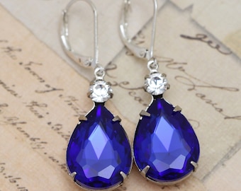 Sapphire Blue Earrings Crystal Earrings Silver Earrings - Pear Shaped Earrings Royal Blue Earrings Dangle Earrings Clip Ons Available