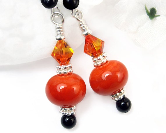 Halloween Earrings Orange Black, Lampwork, Onyx, Crystals, Sterling Silver, Handmade, Samhain, Elegant