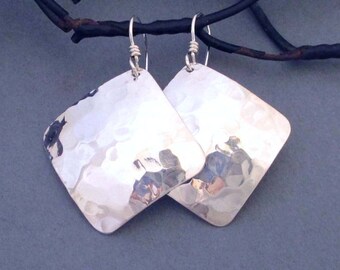 Hammered Sterling Silver Earrings Artisan Handmade Jewelry Square Dangle Earrings Modern Metal Jewelry