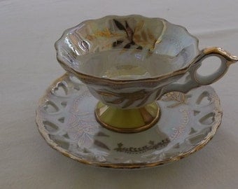 Vintage Tea Cup and Saucer, Tupper and Mann Royal Halsey Lusterware, Yellow with Heart Detail
