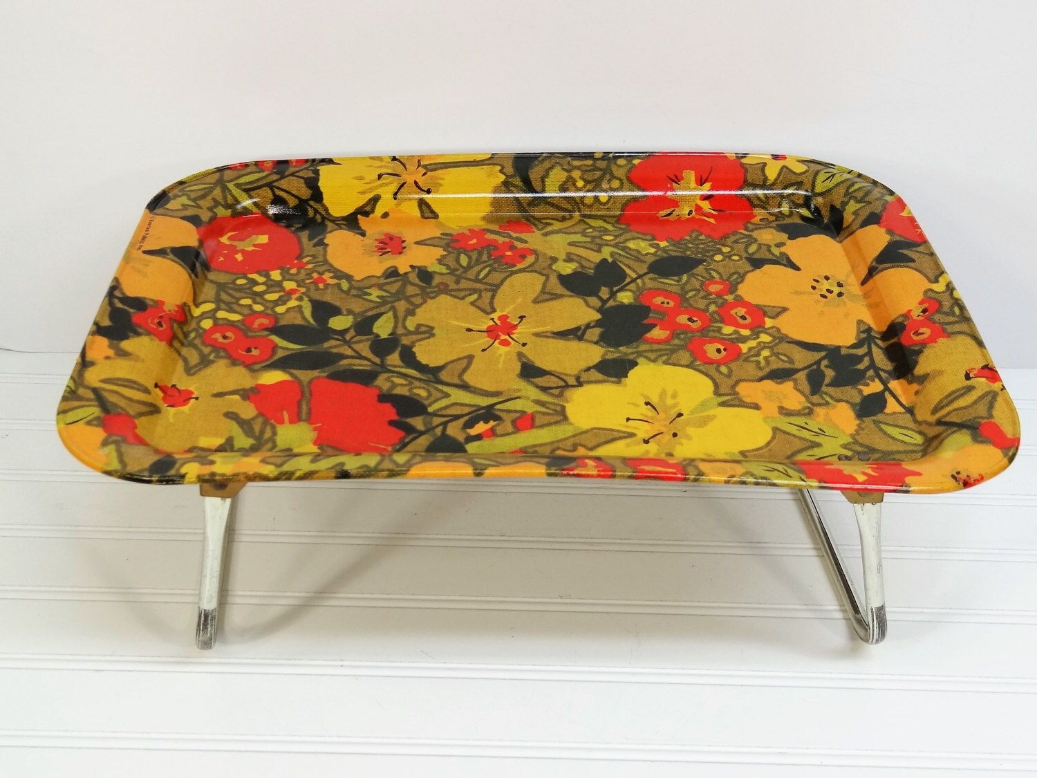 Vintage Metal Bed Tray with Retro Floral Pattern