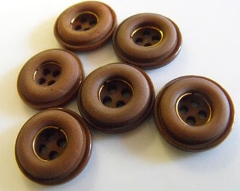6 Brown with Gold Ring Round Buttons Size 5/8"
