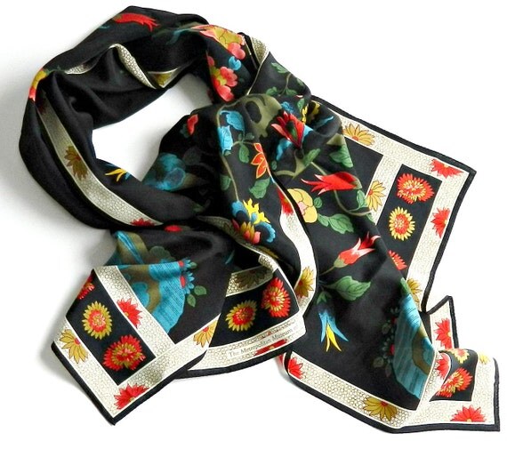 Vintage Silk Scarf Floral Print Scarf Black Red Turquoise Gold