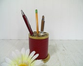Vintage Red Reptile Leatherette Brass Metal Pen & Pencil Cup - Mad Men Era Retro Round Office Desk Industrial Library Accent / Hat Pin Stand