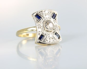 Edwardian Engagement Ring, Art Deco 18k diamond Sapphire Ring, antique wedding jewelry