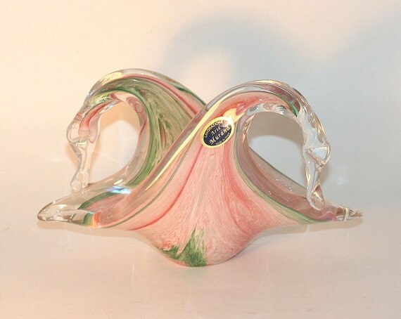 Vintage Lavorazione Arte Murano Glass Pink Green Swirl Swan