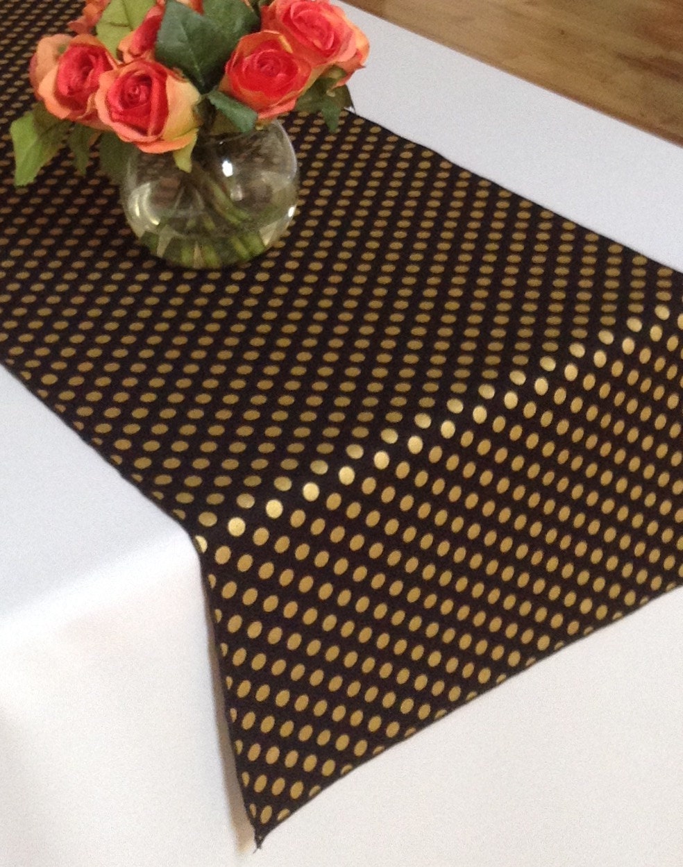 Black and Gold Polka Dots Table Runner black edge by LaruesLine