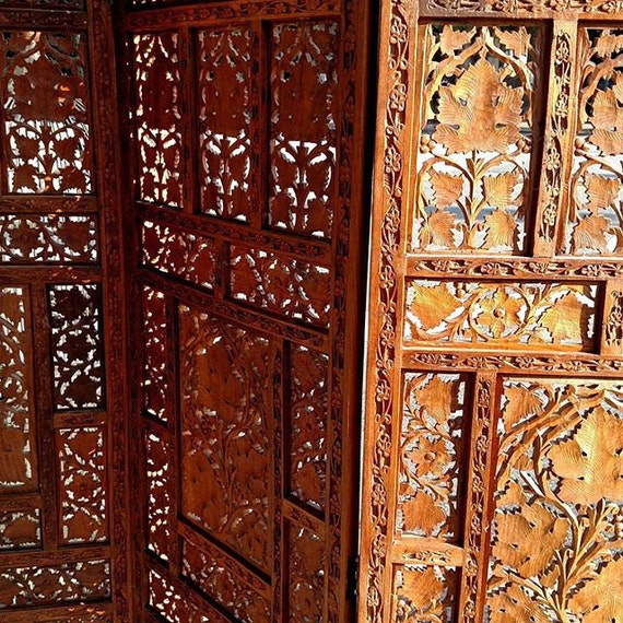 Carved Teak Wood Folding Screen