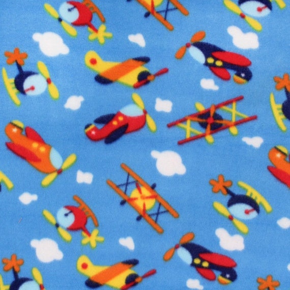 Airplanes Print Fleece Fabric Sky Blue by the yard