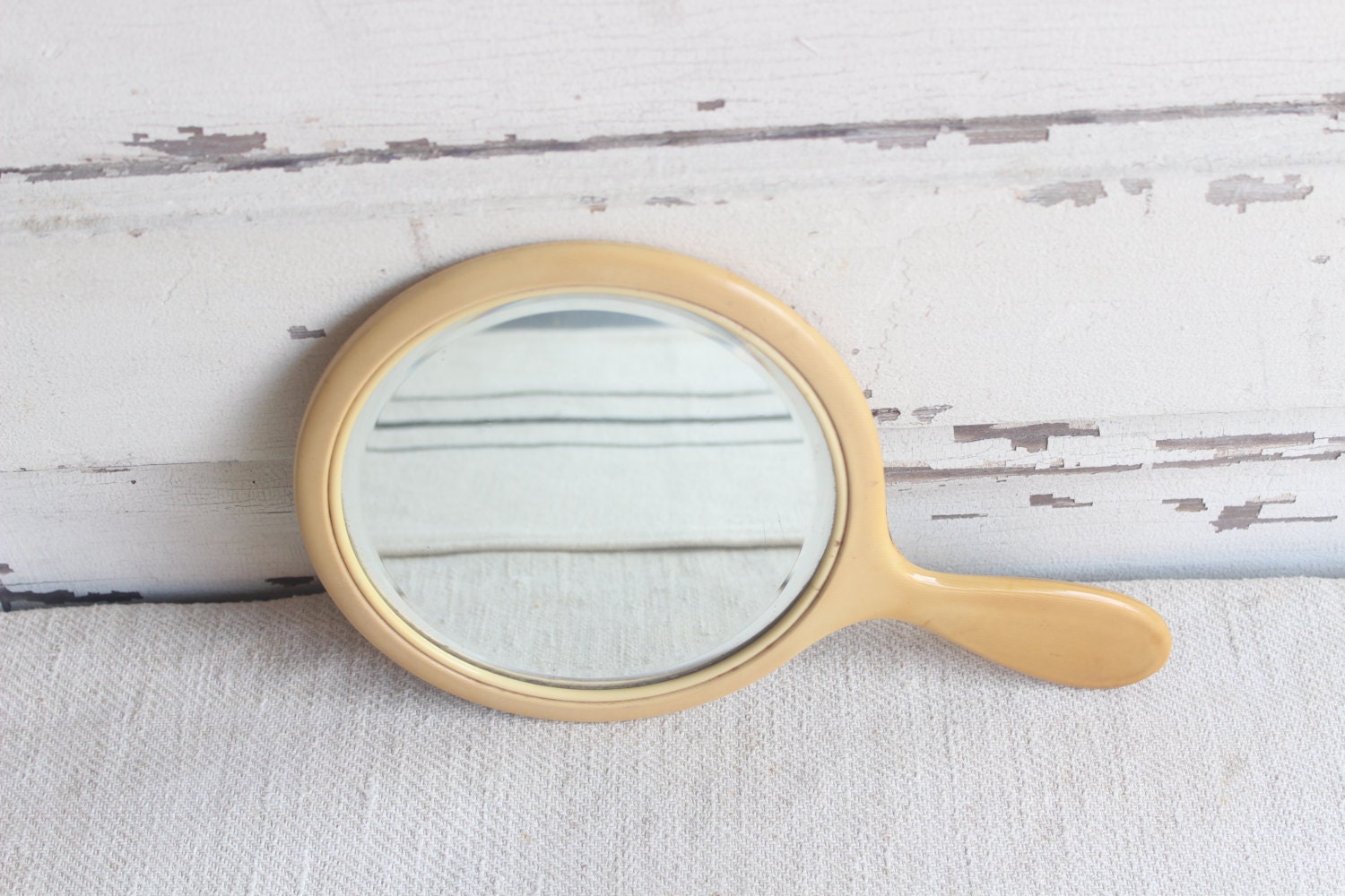 Vintage Celluloid Round Hand Held Vanity Beveled Mirror