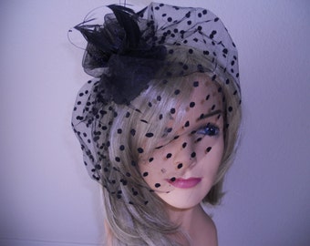 Black veil fascinator derby hat hair sinamay feather fascinator
