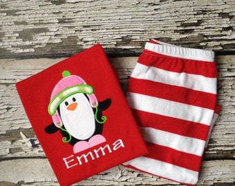Personalized Christmas Pajamas - Penguin Pjs - Red/White Striped Pajamas - Christmas Penguin Outfit