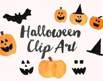 Halloween Hand Painted Watercolor Clip Art - Personal Commercial Use fall pumpkin jack-o-lantern witch bat clipart party invitation black