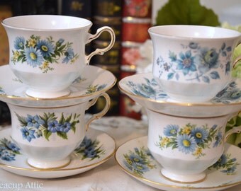 ON SALE Queen Anne Blue Floral Tea Party, 4 Matching Tea Cup Sets, Bulk Teacup, Bridal Tea Party, ca. 1959-1966