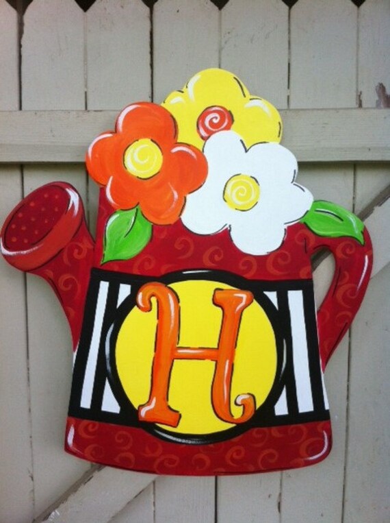 Bright Color Watering Can Wooden Door Hanger Hand Painted