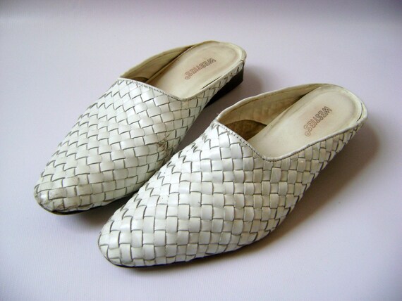 white woven mule shoes