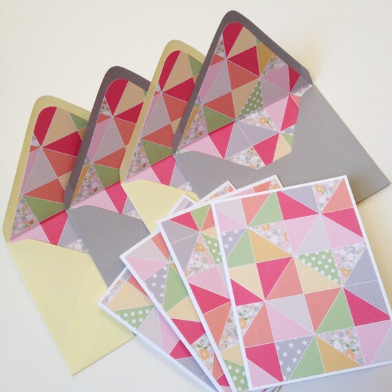 Set of 4 // Blank Note Card Set // Lined Envelopes