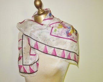 Vintage 1940s silk scarf , butterfly scarf, square silk scarf, 40s fashion, ladies headscarf, hand rolled, art deco border, romantic