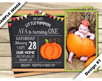 Pumpkin Birthday Invitation, Little Pumpkin Invitation, Fall Invitation 1st Birthday Party Invite PRINTABLE Turning One Chalkboard