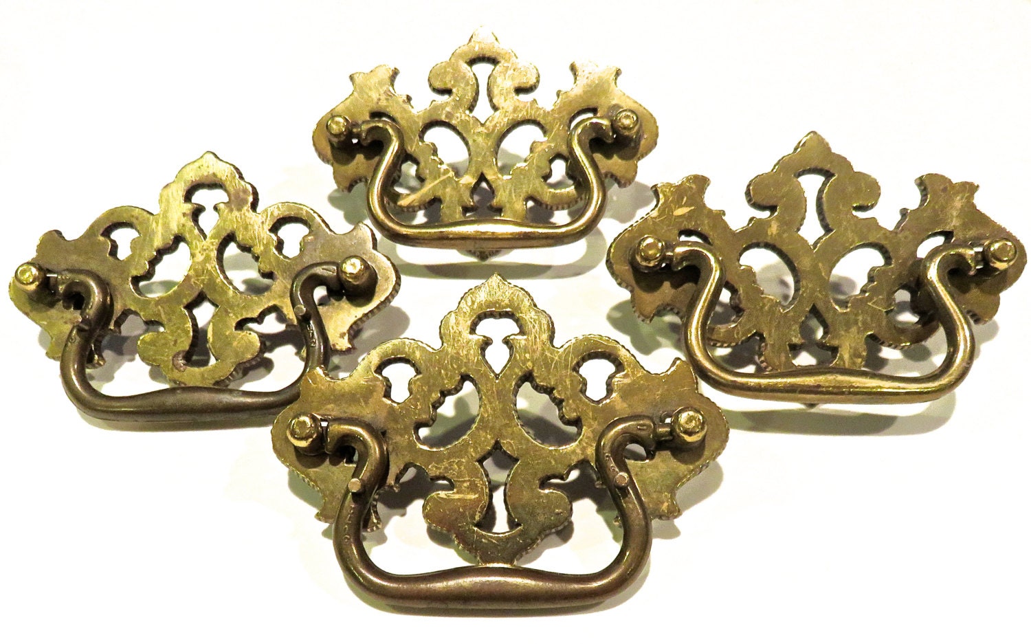 Brass Drawer Pull Handles with Backplates Set of 4 Hardware Salvage