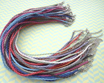 38pcs 3mm 16-18 inch adjustable assorted color(19 colors) faux braided leather necklace cord with white k fittings