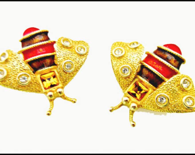 Bumble Bee Earrings -Gerald Yosca - chunky gold Insect - brown maroon enameling - rhinestones -clip on earring