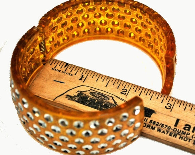 Celluloid Bangle -Sparkle Rhinestone - Amber yellow orange - Apple juice -Hinged Bracelet