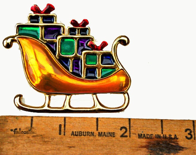 Christmas Sleigh Brooch with presents gold purple and green enamel