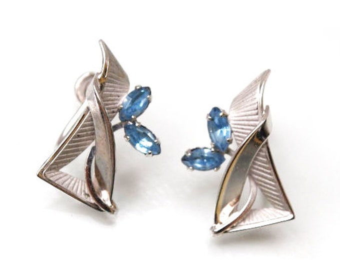 Sterling Earrings - Blue Rhinestone - Silver - screw back earrings