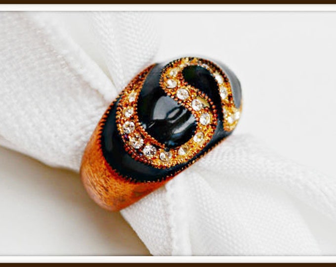 Copper Ring - Black Enamel - Clear Rhinestone - Swirl size 7 Ring