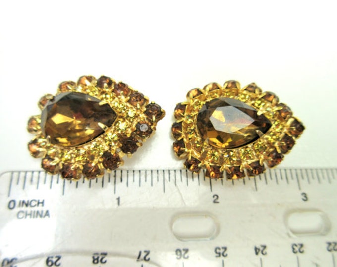 Earrings Brown yellow Rhinstone Pear shape clip on earrings