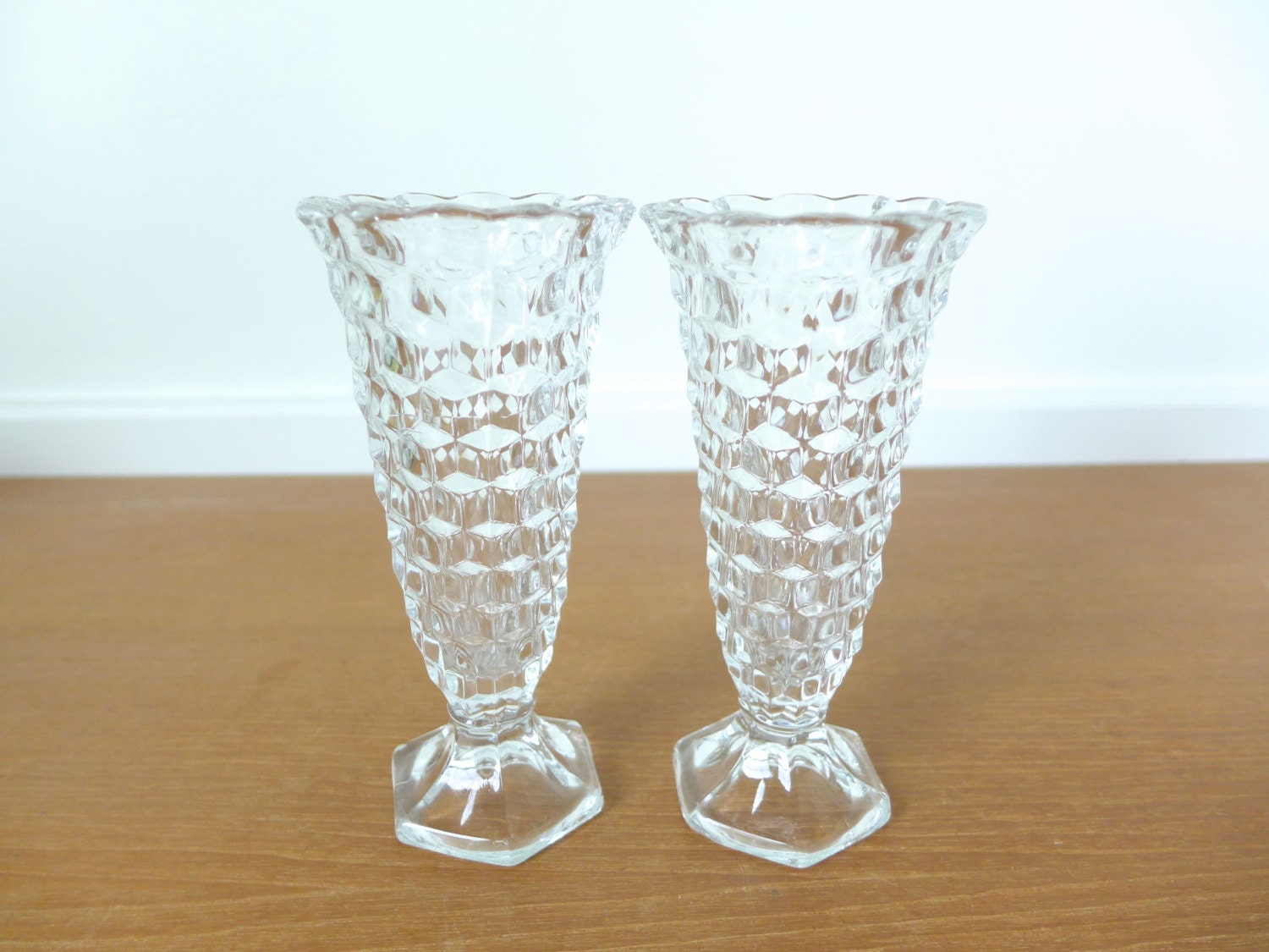 Pair of Fostoria American bud vases cube pattern bud vases