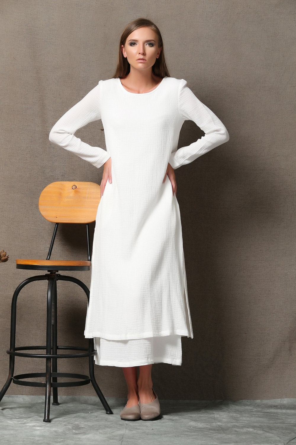 White cotton Dress Layered Loose-Fitting Plus Size Casual