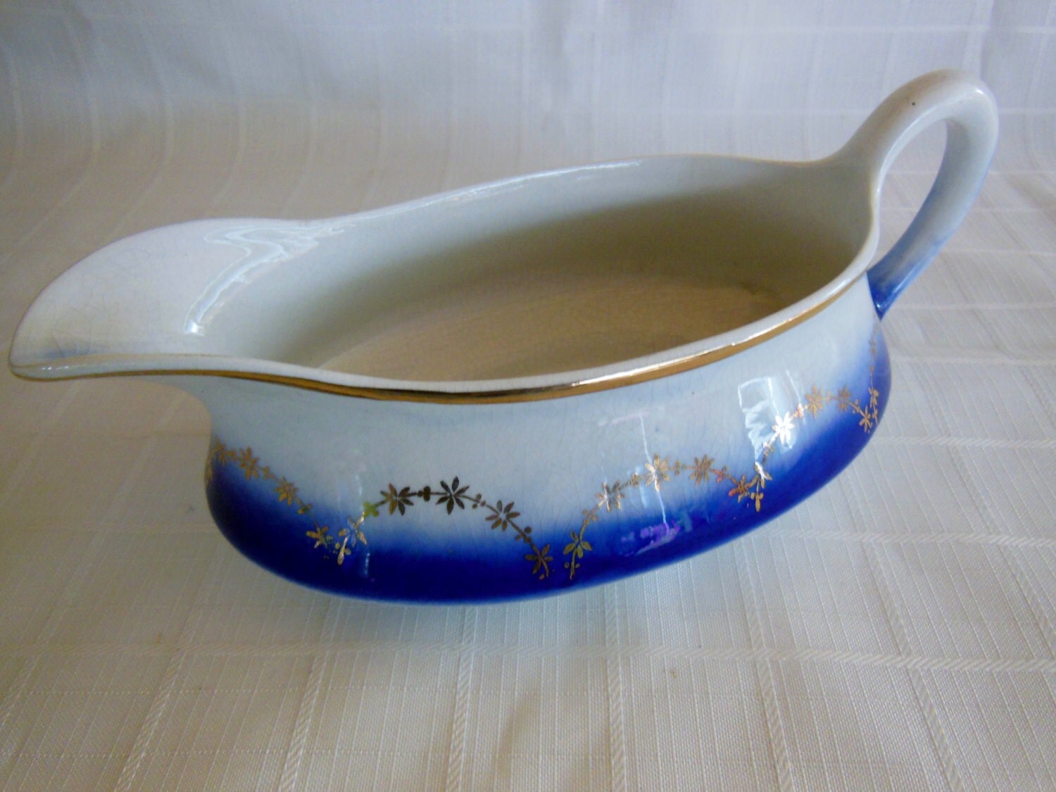 Antique Flow Blue Gravy Boat Colbalt Blue Edge w/Gold Flower Swags