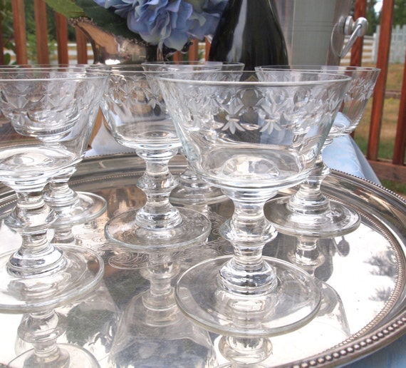 Vintage Lead Crystal Champagne Coupe Glasses Saucers Etched