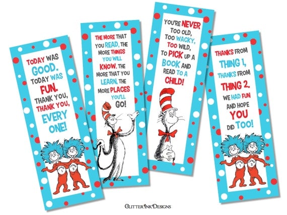 Dr Seuss Thing 1 Thing 2 inspired bookmark party favor tag pdf ...