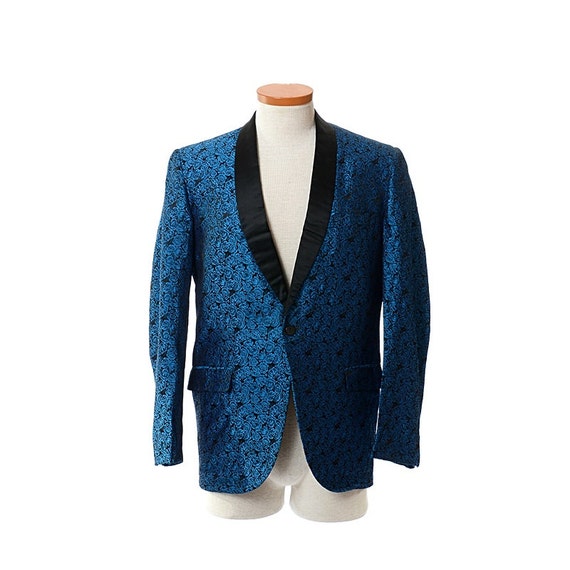 Vintage 60s Mens Blue Rose Brocade Tuxedo Jacket 1960s Satin