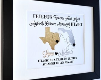 Glitter Maps, Best Friend Birthday Gift Custom Art Print Moving Away Farewell Gift For Friend Glam Glitter Sparkle Quote Bff Bestie Presents