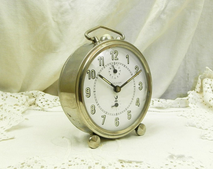 Large Working Vintage Mid Century Chrome Metal Jaz Wind Up Mechanical Alarm Clock, French Bedside Timepiece, Brocante Bedroom Decor