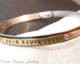 Personalized bangle sterling silver bracelet with brass or gold fill womens graduation gift custom Roman numeral custom name or date
