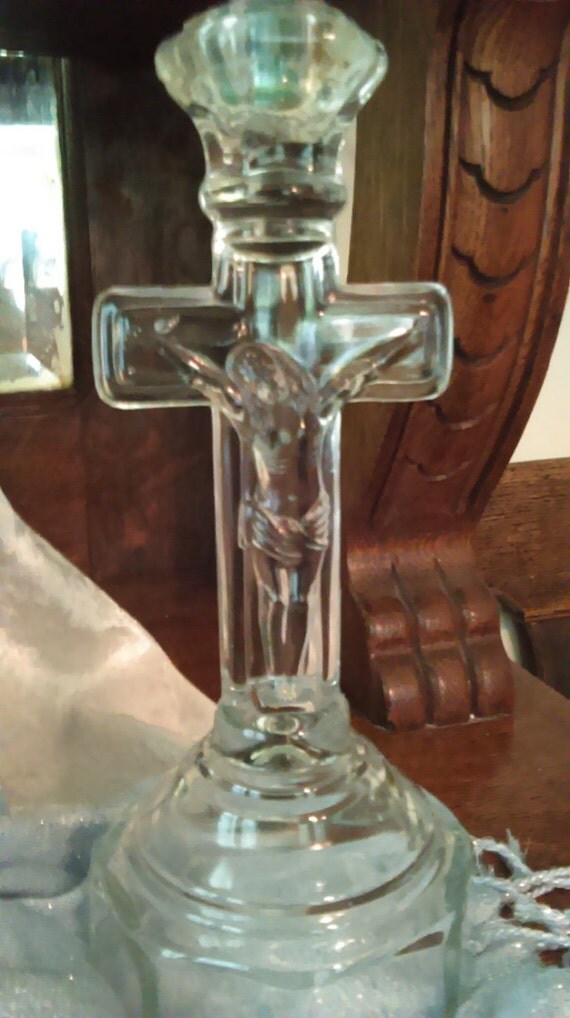 Vintage Crucifix Cross Glass Taper Candle Holder vintage