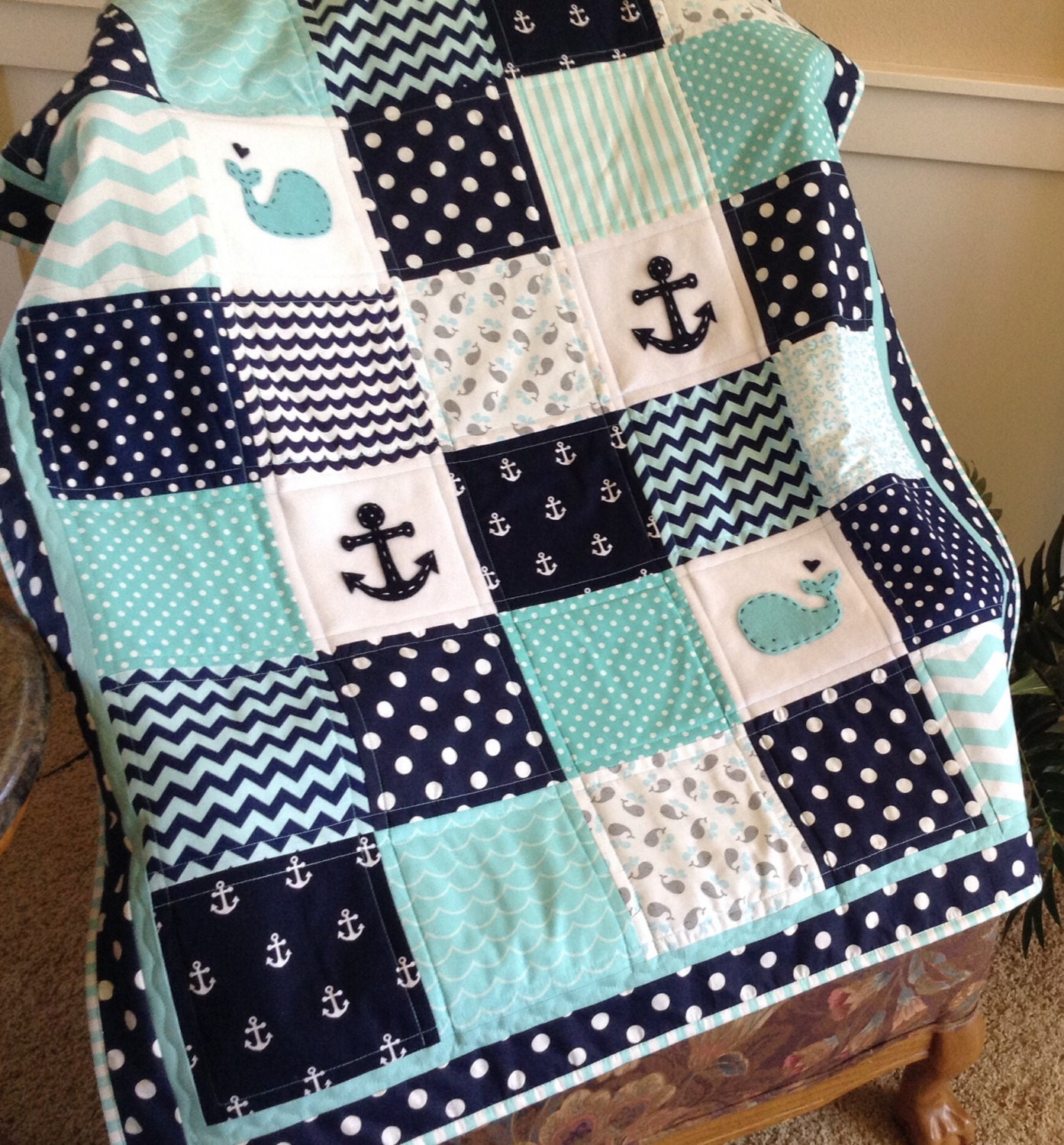 Nautical Anchor Baby Whale Quilt Aqua Navy And By Lovesewnseams