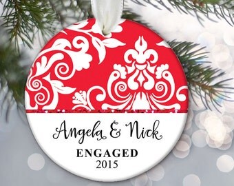 Engaged Christmas Ornament Engagement Christmas Gift Personalized Christmas Ornament Just Engaged Ornament Name & Date Red Damask OR177