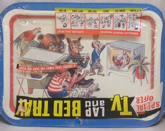 Vintage Marshallan Products TV or Bed Tin Tray with Colorful Anthro Animals Watching Television and in the Original Unopened Package