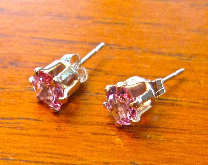 Pink Topaz Studs, 6mm Round, Natural, Set in Sterling Silver E816
