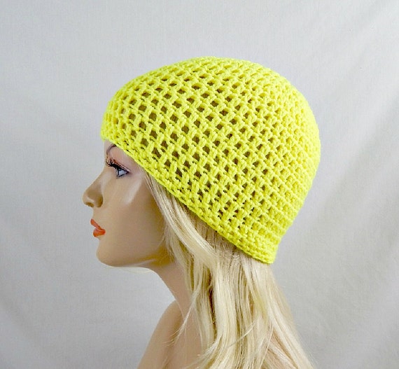 Neon Yellow Crochet Beanie Adult Skull Cap by trickystitchcrochet