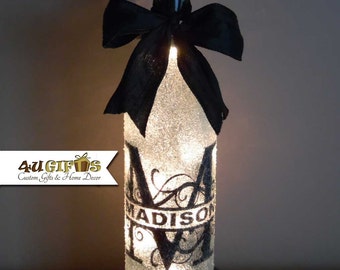 Wine Bottle Light, Monogram, Personalized Christmas Gift, Last Name Gift, Wedding Gift, Decorated Wine Bottle, Gift Exchange, Housewarming